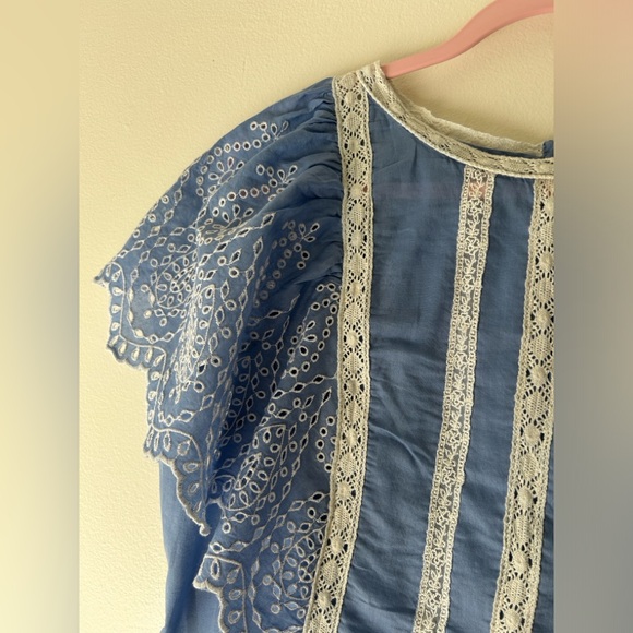 Anthropologie Light Blue Eyelet Lace-Trim Flutter Sleeve Top - Picture 5 of 16
